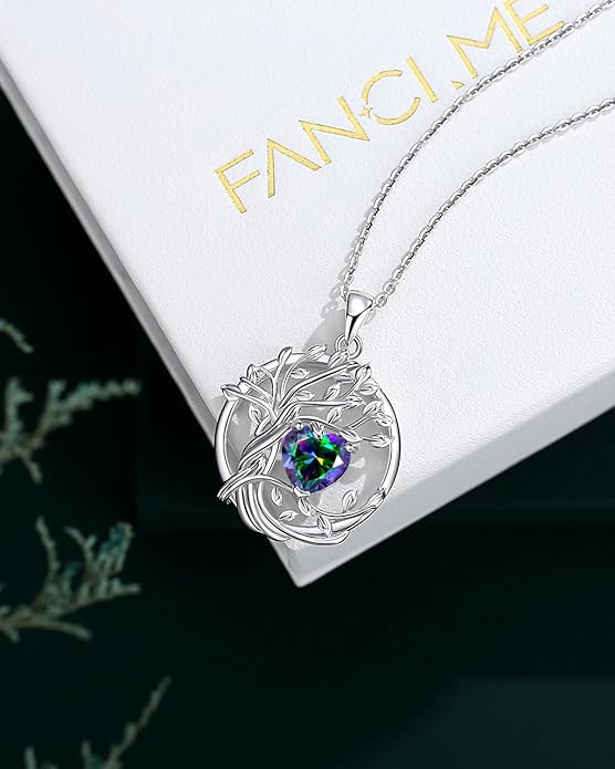 FANCIME Tree of life Birthstone necklace Sterling Silver Pendant Birthstone Necklace Gemstone Anniversary Birthday Jewelry Christmas Gifts for Mom Her Wife
