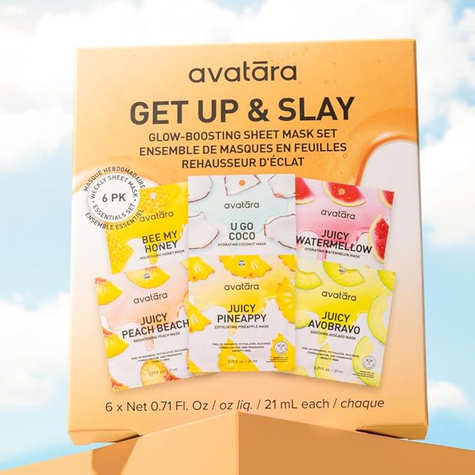 Avatara Get Up & Slay 6-Pack Facial Sheet Mask Variety Pack | K-Beauty Skincare for Dry, Sensitive, Uneven Skin | Gentle Brightening | Fragrance-Free, Paraben-Free & Cruelty-Free Korean Masks