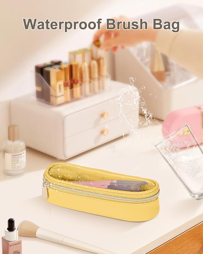 Clear Travel Makeup Brush Holder, Leather Makeup Brush Toiletry Bag, Portable Cosmetic Brush Case, Transparent Waterproof Makeup Brush Storage Bag, Yellow