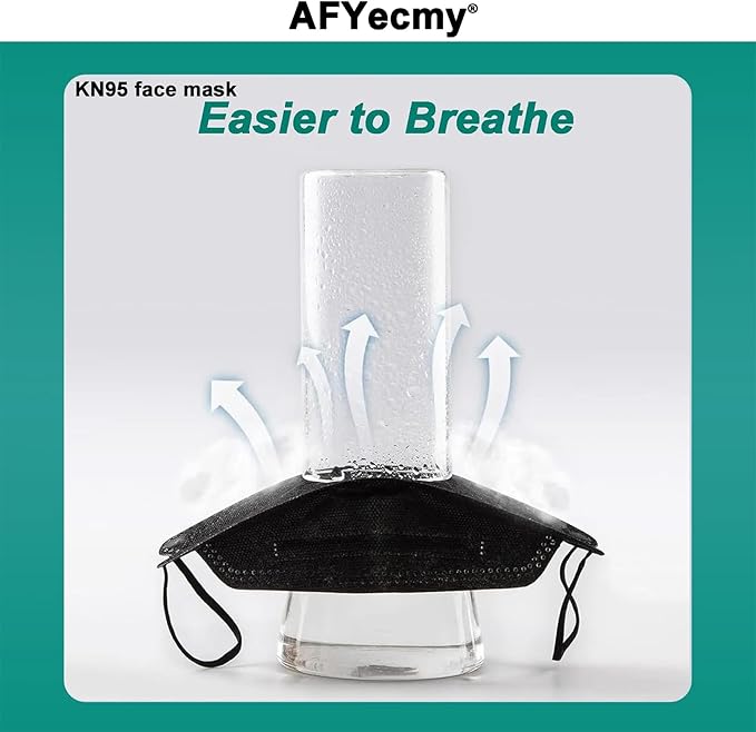 KN95 Face Masks Black 50 Pack for Adults, Breathable Disposable with Elastic Ear Loops