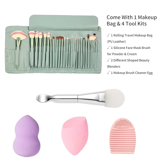 28PCS Makeup Brushes Set, Quality Make Up Brushes for Women, Makeup Brush Sets & Kits for Beginner Starter Professional,Soft Brushes with Blenders Masks Spatula,Travel-Friendly Gift Case, Green