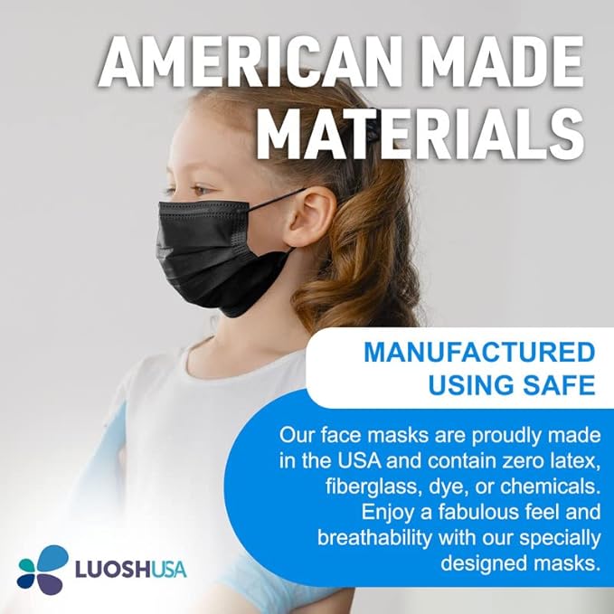 Luosh Face Masks Disposable Made in USA, 3 Ply Disposable Masks 50pcs,Adult Mask, Kids Mask, Black Masks, White Masks