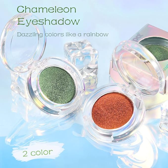 evpct 2Pcs Duochrome Chameleon Chrome Multichrome Eyeshadow Makeup Palette Set Women, Rose red Gold Forest Green Metallic Holographic Glitter Sparkle Shimmer Loose Eyeshadow Eye Shadow Palette Makeup