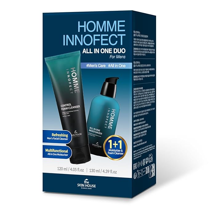 HOMME INNOFECT All-in-One Skincare Duo for Men | Foaming Face Wash & All-in-One Moisturizer (Toner + Serum + Aftershave Balm) | Korean Skin Care for Sensitive Skin | Gift for him