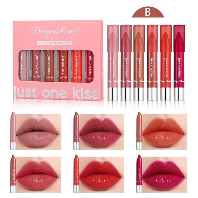 BONNIE CHOICE 6Pcs Moisturizing Gloosy Nude Lipstick Set, Waterproof Long Lasting Non-Stick Cup 24 Hour Nude Mauve Red Lip Crayon Pencil Makeup Lip Liner Pen Set for Women Gifts (Lip Crayon B)