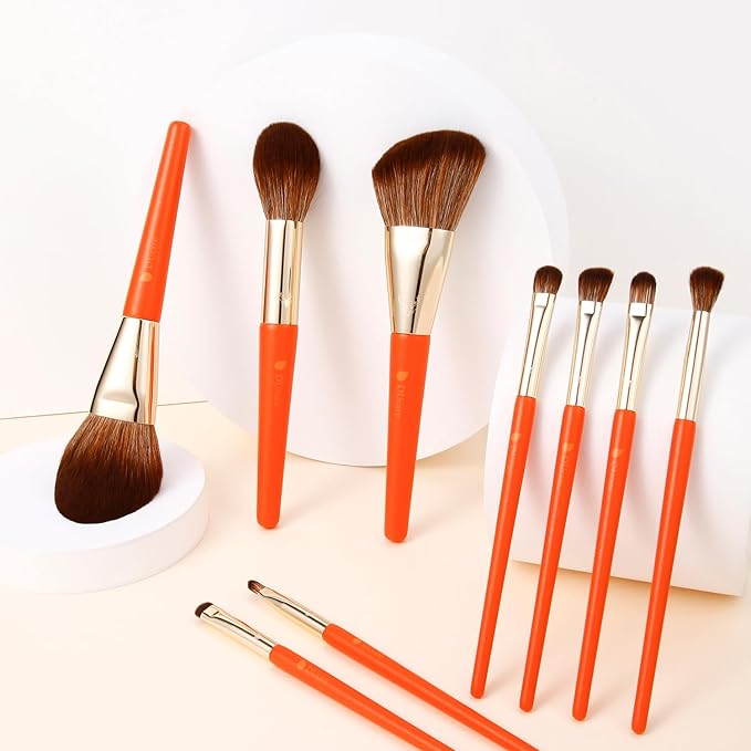DUcare Makeup Brushes 9Pcs Vegan Makeup Brush Set with Travel Pouch - Face & Eye Brush Kit for Powder Contour Blush Concealer Eyeshadow Blending & Detailing, Synthetic Bristles,Orange