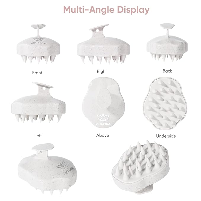 URTHEONE Scalp Massager Shampoo Brush, Hair Scalp Scrubber Head Massager with Soft Silicone Bristles for Women Men Kids Pets Shower and Hair Growth(Beige) Includes 5 Pcs Hair Ties