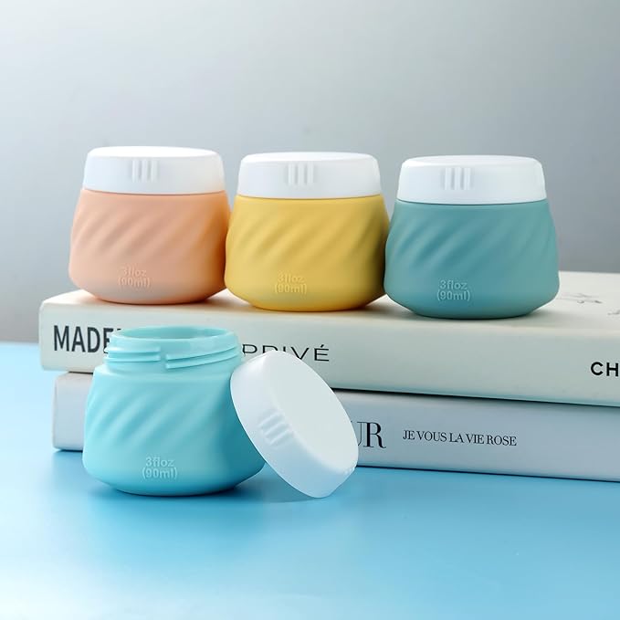 Gemice Silicone Cream Jars, TSA Approved Containers for Toiletries With Toiletry Bag, Wide Mouth Leak-proof Accessories With Lid for Cosmetic Cream (4 Pack)