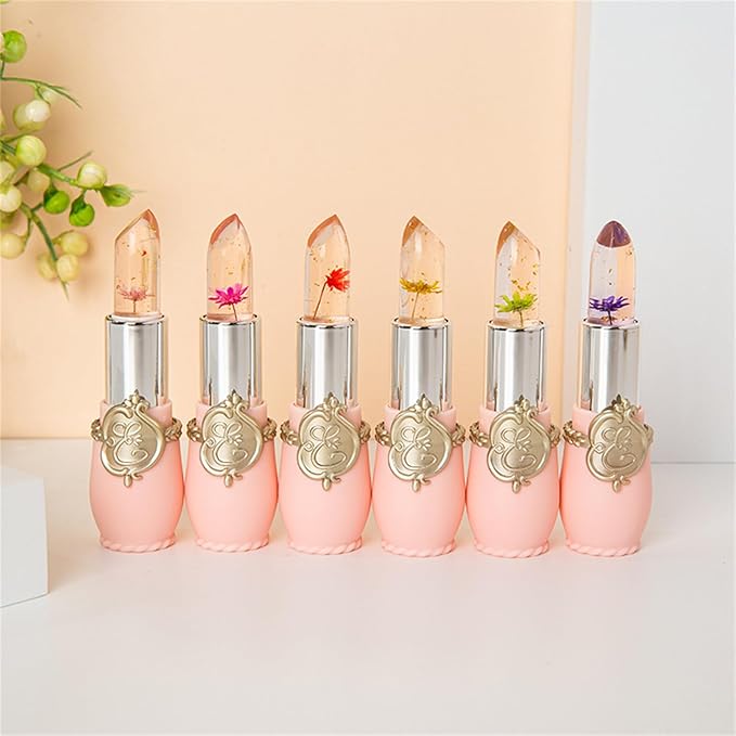 BONNIE CHOICE 6 Pcs Crystal Flower Jelly Lipstick Set, Temperature Change Moisturizer Long Lasting Flower Lip Stick Nutritious Lip Balm Magic Color Change Lip Gloss Makeup