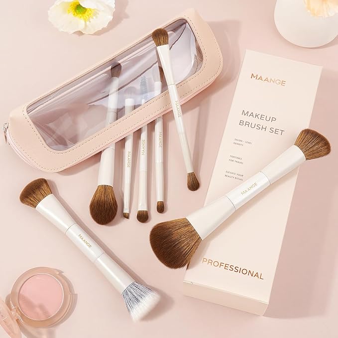 MAANGE Makeup Brush Set 14-In-7 Double Ended Essential Foundation Makeup Brushes for Powder Concealers Eye Shadows Blush Make Up Brushes with Travel Makeup Case
