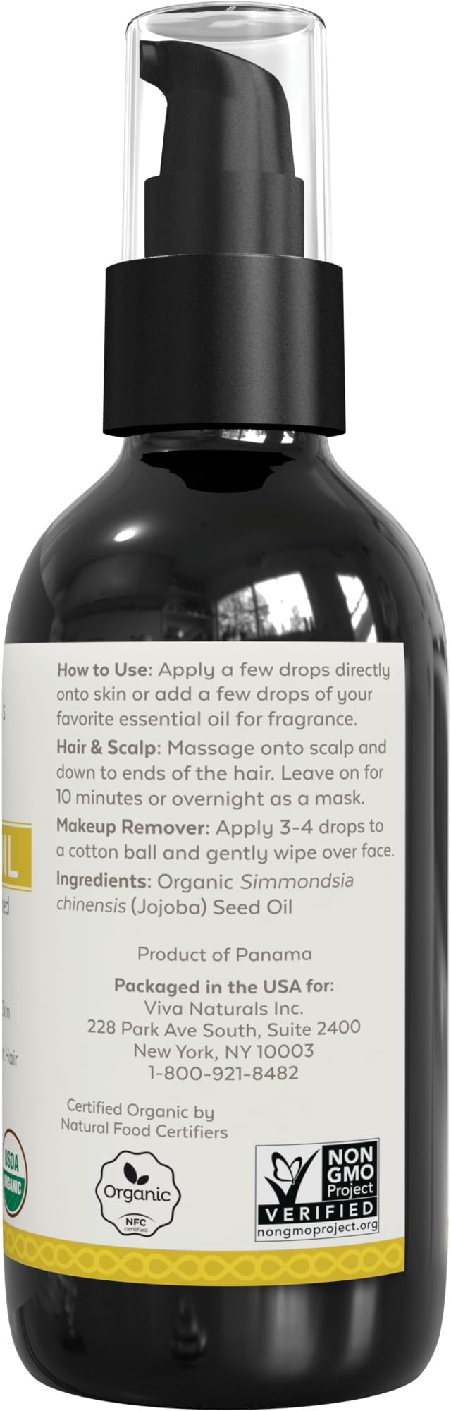 Viva Naturals Organic Jojoba Oil - Pure Cold-Pressed for Skin and Hair, USDA Certified Face Moisturizer, 4 fl. oz