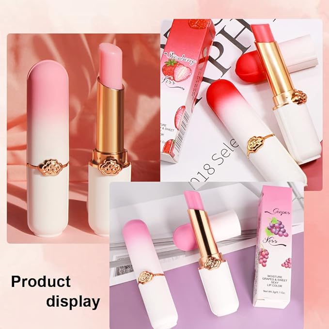 BINGBRUSH Peach Color Changing Lipstick,Moisturizer Long Lasting Lip Care Lip Balm Magic Lip Gloss Lip Tint Stain Gloss Set for Women (3 pcs Peach + Strawberry +Grape Lipstick)