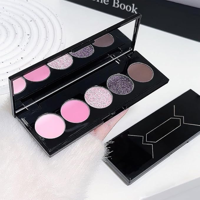 5 Colors Highlight Pink-Purple Eyeshadow Palette with Mirror, Pearl White Silver Brown Nude Rose Gold Glitter Shimmer Palette, Cruelty-Free, Vegan Formula, Matte Eyeshadow for Professional Makeup