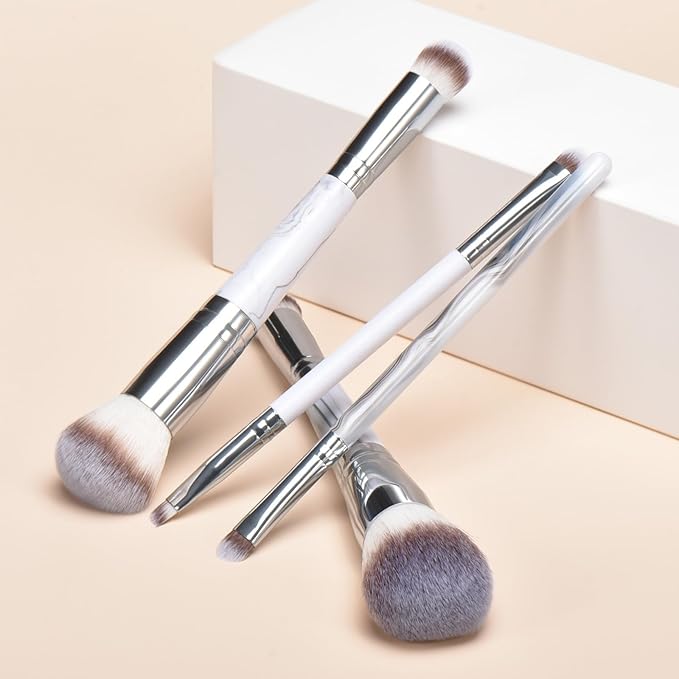 YJ-Anyue4PCS Dual-Ended Makeup Brushes & Blending Sponge Set, Professional Foundation Concealer Eyeshadow Kabuki Brush with, for Liquid Powder Cream, Vegan & Cruelty-Free