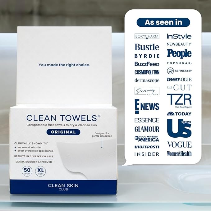 Clean Skin Club Clean Towels XL™, 100% USDA Biobased Face Towel, Disposable Face Towelette, Eczema Association Accepted, Makeup Remover Dry Wipes, Ultra Soft, 300 Ct, 6 Pack