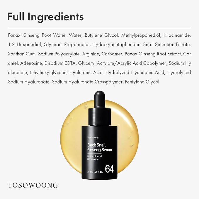 TOSOWOONG Black Snail Ginseng Serum, Ginseng 640,430ppm, Snail Mucin, Hydrating Facial Moisturizer, Acne Scar Remover, Self Care, Glow Skin Under Makeup, Korean Skin Care, 30ml, 1.01 fl. oz.