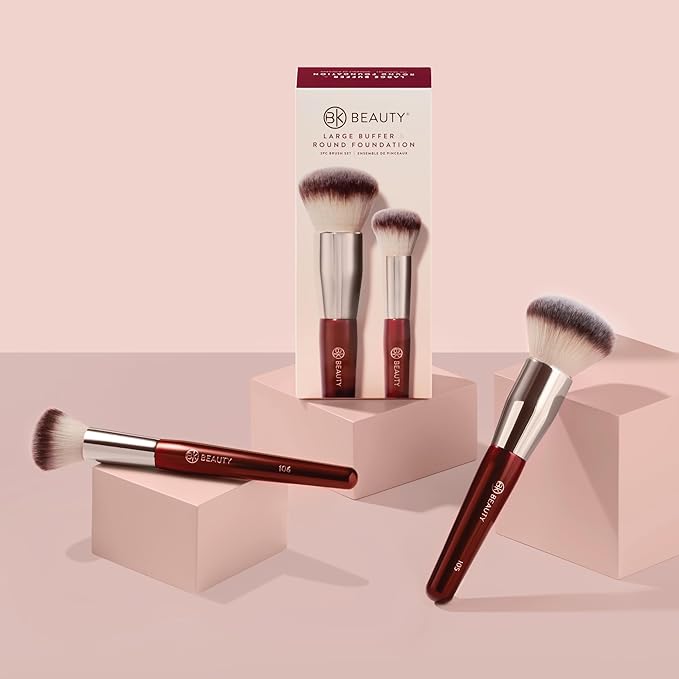 BK BEAUTY - LARGE BUFFER & ROUND FOUNDATION (2PC) - Professional Makeup Brush Set for Liquid or Cream Foundations, Powder & Blush | Premium Face Brushes for Flawless Application