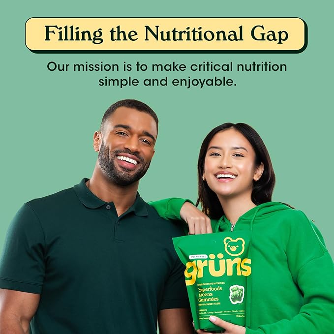 Gruns Adult Sugar-Free Super Greens Gummies, Superfood Vitamin Gummy Bears with Spirulina, Chlorella, Fiber & Prebiotics for Digestive Health, Adaptogens Supplement, 20 Vitamins & Minerals, 28 packets