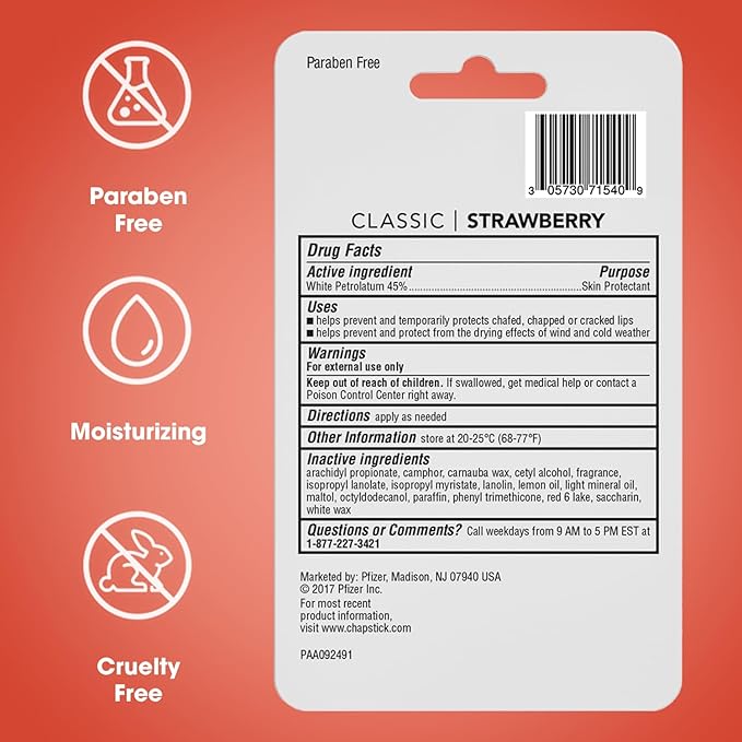 ChapStick Lip Moisturizer, Classic Strawberry 3-Packs (12 Sets/36 Tubes) – Bulk Lip Balm, Fruity & Sweet, 0.15 Oz Ea