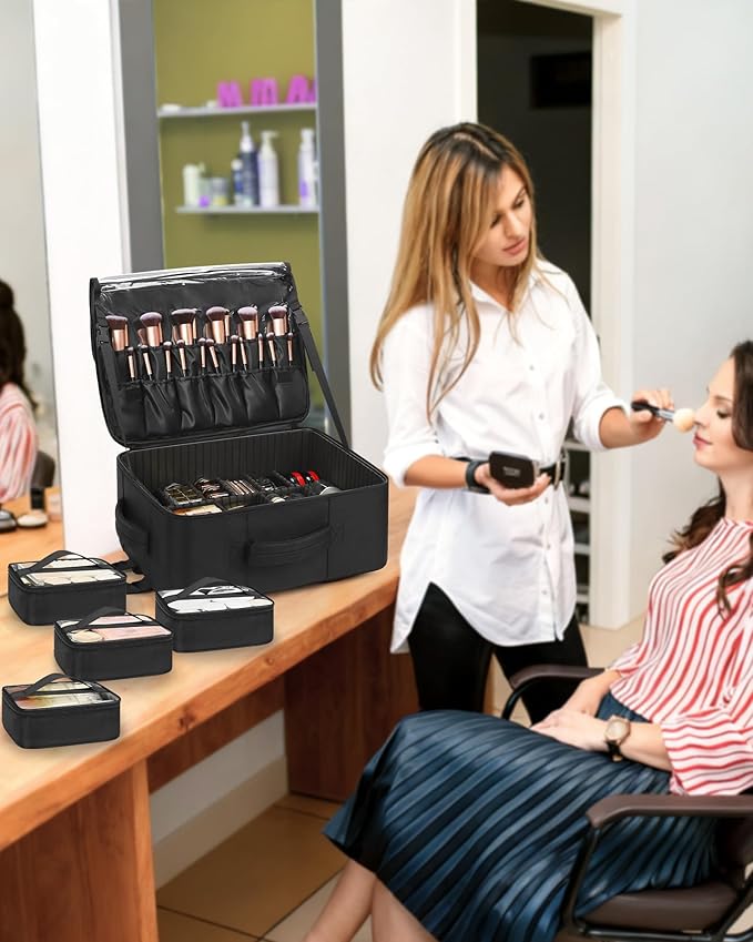 Relavel Makeup Backpack Extra Large Travel Train Case Professional Makeup Artist Kit Set Bag with 4 Clear Bags, Brush Storage Organizer Box with Dividers for Cosmetic Hair Tools Barber Supplies, Black