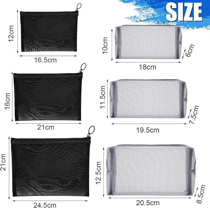6 Pieces Mesh Makeup Bags Mesh Cosmetic Bag Portable Travel Organizing Zipper Pouch Toiletries Makeup Pouches for Home Office Travel Accessories