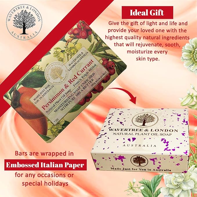 Wavertree & London Persimmon & Red Currant Scented Natural Soap Bars (2 Bars), 7 oz Moisturizing French Triple Milled Soap Bars enriched with shea butter, Plant Oil Bath & Body Soap for Women & Men