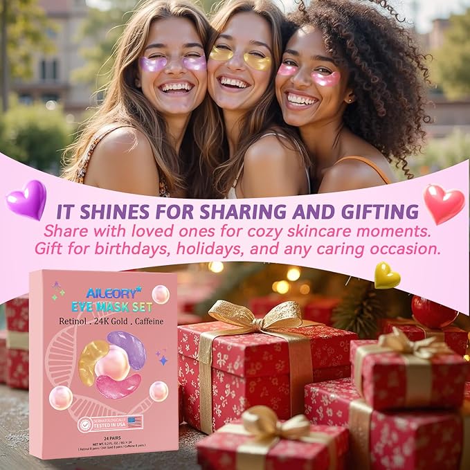 Under Eye Patches for Dark Circles, Puffiness, Fine Lines, Eye Mask Set with Retinol, 24K Gold, Caffeine, Gel Mask for Birthday & Spa Party Favors, Skincare Gift for Women & Men, 24 Pairs