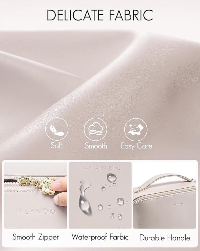 Vlando Travel Makeup Bag,Teacher Appreciation Gifts,Large Capacity Toiletry Bag for Women Wide Open Cosmetic Organizer with Divider and Handle(White)