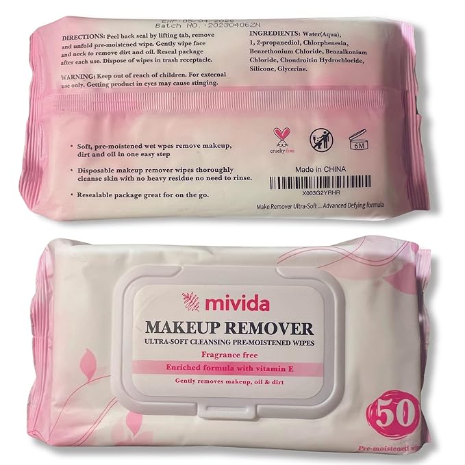 Mivida Hypoallergenic Makeup Remover Wipes | Daily Cleansing Facial Towelettes with Vitamin E For Sensitive Skin | 50 Count Fragrance-Free, Alcohol-Free Face Wipes