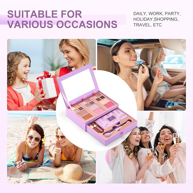 Color Nymph Small Makeup Palette Set for Face | Cosmetics Gift Set for Women & Girls | 12 Colors Eyeshadow, Blush, Highlighter, Contour Powder, Lip Gloss & Brush Kit | Travel-Friendly (Purple)