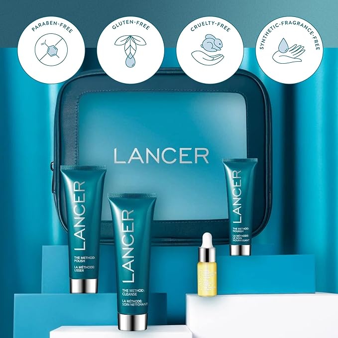 Lancer Skincare The Method Intro Kit, 3-Step Anti-Aging Facial Exfoliator, Cleanser, and Moisturizer Kit for Glowing Skin, Reveals Instantly Supple Soft Skin