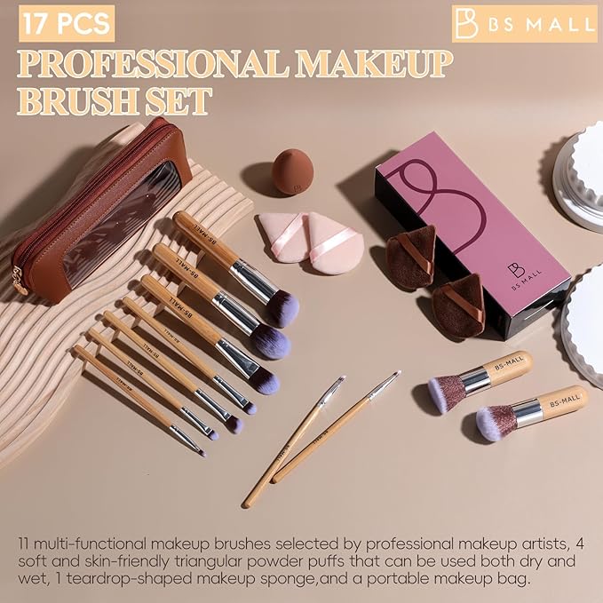 BS-MALL Makeup Brush Set 11Pcs Bamboo Synthetic Kabuki Brush Set Foundation Powder Blending Concealer Eye shadows Blush Cosmetics Brushes with Organizer Bag & Makeup Sponge (style, Count, 17)