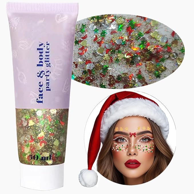 Go Ho Christmas Body Hair Face Glitter Gel and 6PCS Bracelets Kit,Christmas Glitters Face Paint,Colorful Sequins Chunky Reflective Face Glitter Christmas Bracelets Makeup Set,