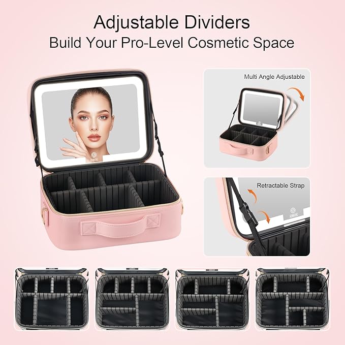 BEAUTY CASE Makeup Bag with Led Mirror, 12 Inch Portable Travel Cosmetic Organizer Case with Adjustable Dividers, USB Charging, Large Capacity, Ideal for Travel, Gift for Women Girls, Pink