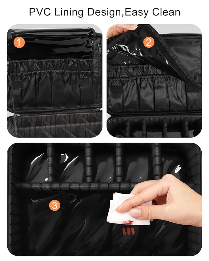MONSTINA Travel Makeup Train Case,13.8 inches Large Cosmetic Case,Makeup Brush Holder Organizer and Storage with Adjustable Dividers and Shoulder Strap (Black)