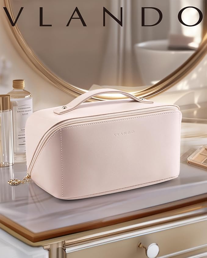 Vlando Makeup Bag,Large Capacity Toiletry Bag for Women Waterproof Portable Make up Pouch PU Leather Open Flat Cosmetic Bag(Apricot Pink)