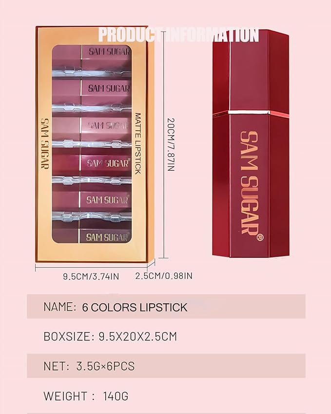 6 Pcs Glitter Lipstick Brown Nude Pink Purple Red Sets, Matte Shimmer Light to Dark for Women Long Lasting 24 Hours Lip Gloss, Sparkling Shiny Waterproof Lip Stick Color Lip Stain labiales Makeup Gift