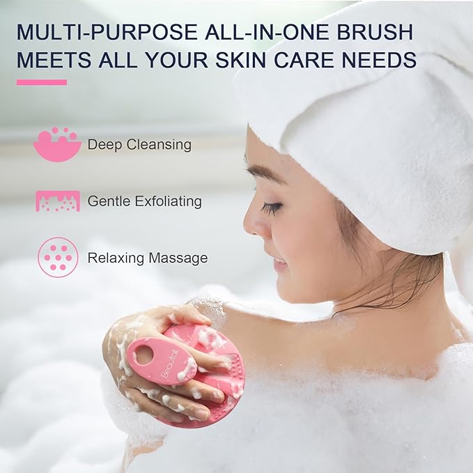 Silicone Body Scrubber Shower Bath Wash Brush Gentle Exfoliating Scrub Cleansing Loofah for Women Men Baby Sensitive Skin, Easy to Clean, Lather Nicely, More Hygienic, 1 Pack, Pink