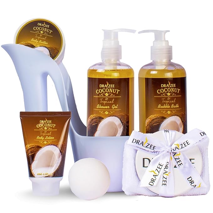 Luxury Spa Gifts for Women – 8 Pc Coconut Scented Bath and Body Set with Bubble Bath, Lotion & More – Luxury Self Care Kit for Wife, Mom, Best Friend, Girlfriend, Anniversary Gift by Draizee