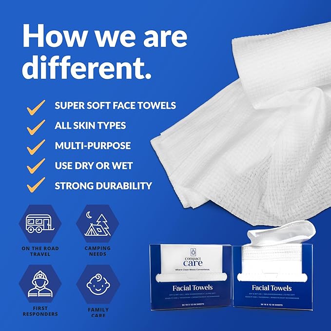 Disposable Facial Towels XL (50 Count) – Biodegradable, Ultra-Soft, Lint-Free Face Towels for Sensitive Skin, Makeup Removal & Skincare