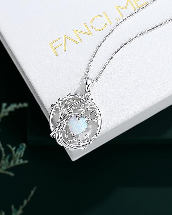 FANCIME Tree of life Birthstone necklace Sterling Silver Pendant Birthstone Necklace Gemstone Anniversary Birthday Jewelry Christmas Gifts for Mom Her Wife
