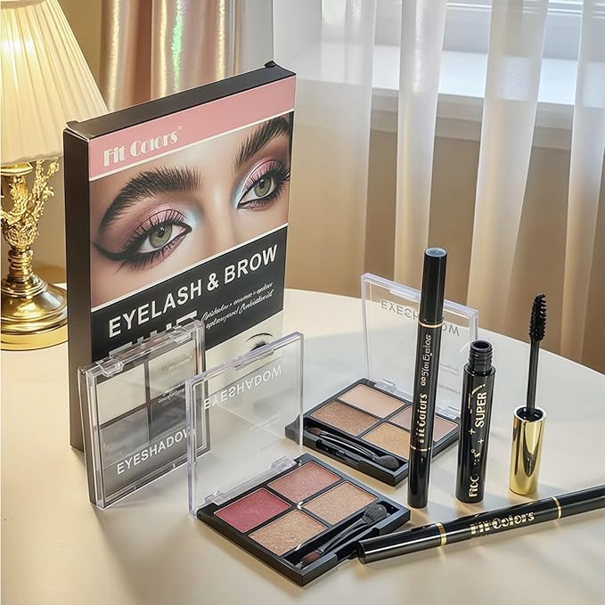 4-in-1 Eye Makeup Kit 4 Colors Eyeshadow Palette Black Liqiud Eyeliner with Stamp and Double-headed Brown Eyebrow Pencil Set for Women Beginners Gift (01)