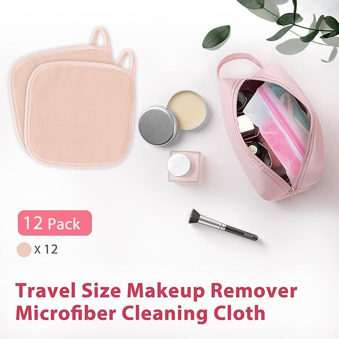 Makeup Remover Cloth, 6" x 6" Make Up Towels Reusable Face Cloth for Washing Face, 12 Pack Makeup Remover Pads Microfiber Face Washcloth with Mesh Bag, Beige