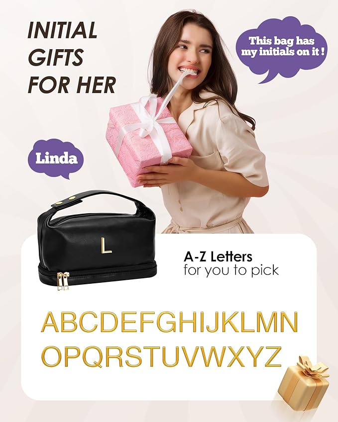 Initial Makeup Bag Personalized Bags with Handle, Gifts for Women In Their 20S Cosmetic Bag, Bridal Shower Gift for BrideMakeup Bags Letter Travel Toiletry Bag with Makeup Brush Organizer