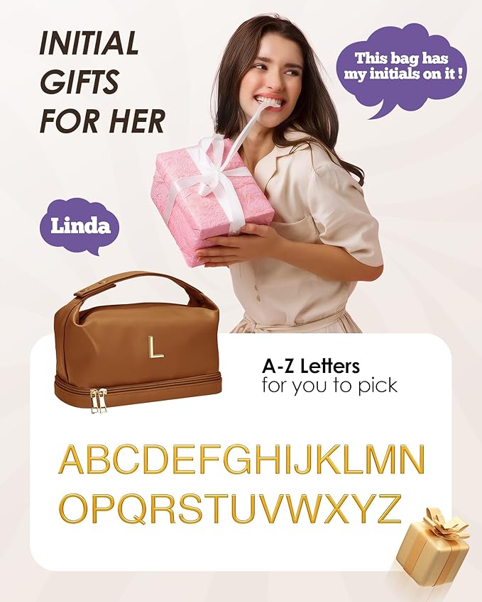 Women Birthday Gift, Personalized Makeup Bag with Handle, Initial Double Layer Cosmetic Bag with Makeup Brush Organizer, Cute Cosmetic Pouch for Women, Gifts for Friends Female Mom