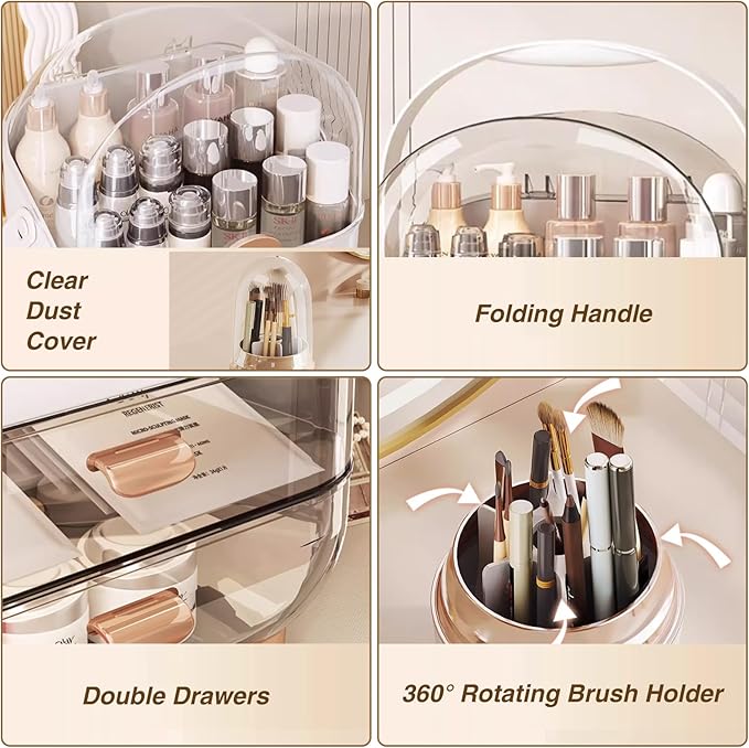 Cosmetics Organizer Set - Makeup Box with with Brush Holder, Skin Care Storage Organizer with Transparent Drawers and Cover, Portable Handle, Dust Proof Makeup Organizer for Vanity, White & Gold