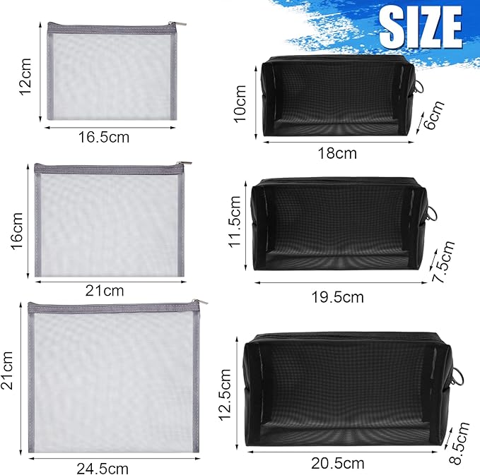 6 Pieces Mesh Makeup Bags Mesh Cosmetic Bag Portable Travel Organizing Zipper Pouch Toiletries Makeup Pouches for Home Office Travel Accessories