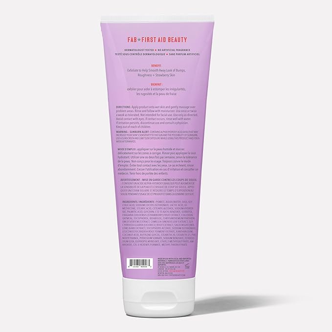 First Aid Beauty - KP Bump Eraser Body Scrub with 10% AHA, Keratosis Pilaris Exfoliator with Glycolic and Lactic acids, Helps Reduce Chicken Skin Bumps, Safe for Sensitive Skin, Strawberry Scent, 2 oz