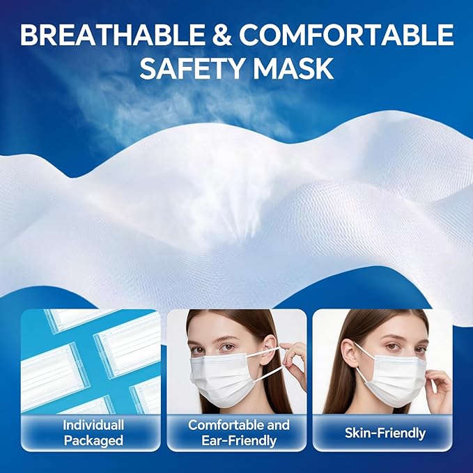 GTT ASTM Level 3 Highly Protective Disposable 3 Ply Face Masks with Individual Packaging, Breathable & Comfortable Mask