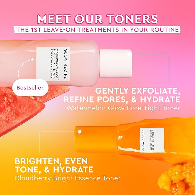 Glow Recipe Travel Size Cloudberry Brightening Toner + Essence Skincare-CoQ10 Face Toner to Strengthen Skin Barrier+Hydrating Rice Water, Vitamin C, E & 5% Glycerin to Soften & Even Skin Tone (30 ml)